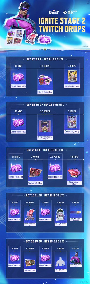 MarvelRivals's tweet photo. 🎁 Ignite Stage 2 Twitch Drops are around the corner!  

Get ready to level up your collection while watching your favorite streams! Stage 2 officially kicks off on September 17 UTC.  

Tune in to eligible Marvel Rivals streams on Twitch to unlock these exclusive drops. Link your accounts, jump into the stream chat, and claim your rewards!  

See you in the stream chat, Rivals!