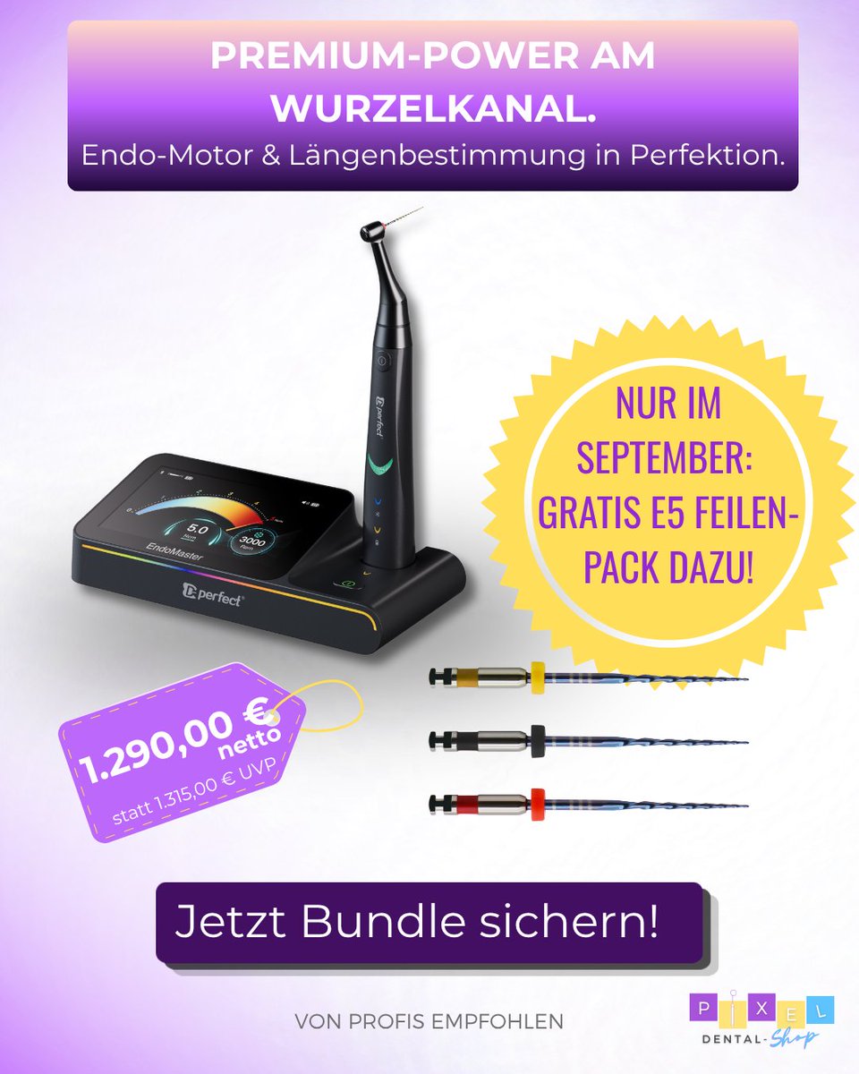 pixel_dental's tweet photo. Endo-Motor und Apex-Lokator in einem. 🦷 Der D-Perfect® Endo Master Premium bringt Präzision ohne Großmarkenpreis. One Feilen E5 NiTi gratis dazu.
#Endodontie #PixelDental https://t.co/Qe3X50OU6B