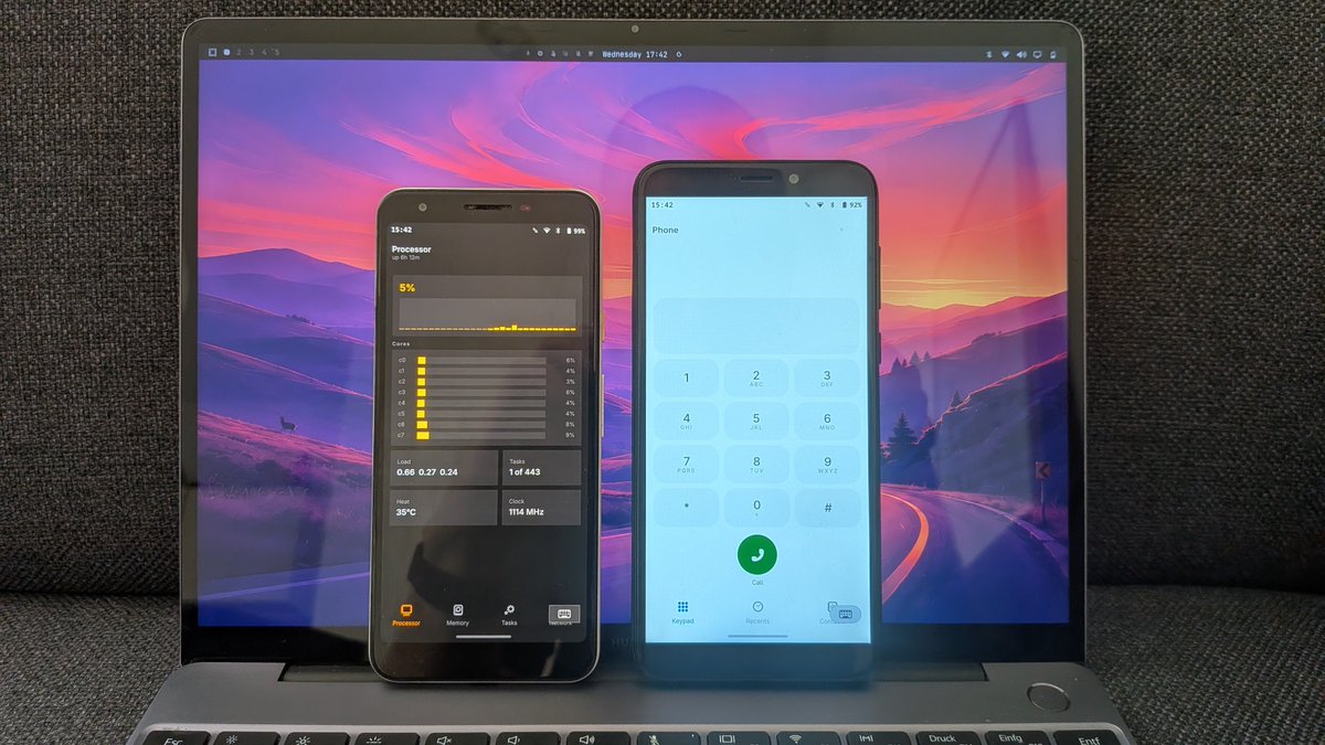 simonschubert's tweet photo. Omarchy on Pixel 3a. I love quickshell, migrated almost every app from calls to weather app to QML. With shared theming and extended omarchy theming for rounded corners etc. @dhh https://t.co/WYb6drnKVr