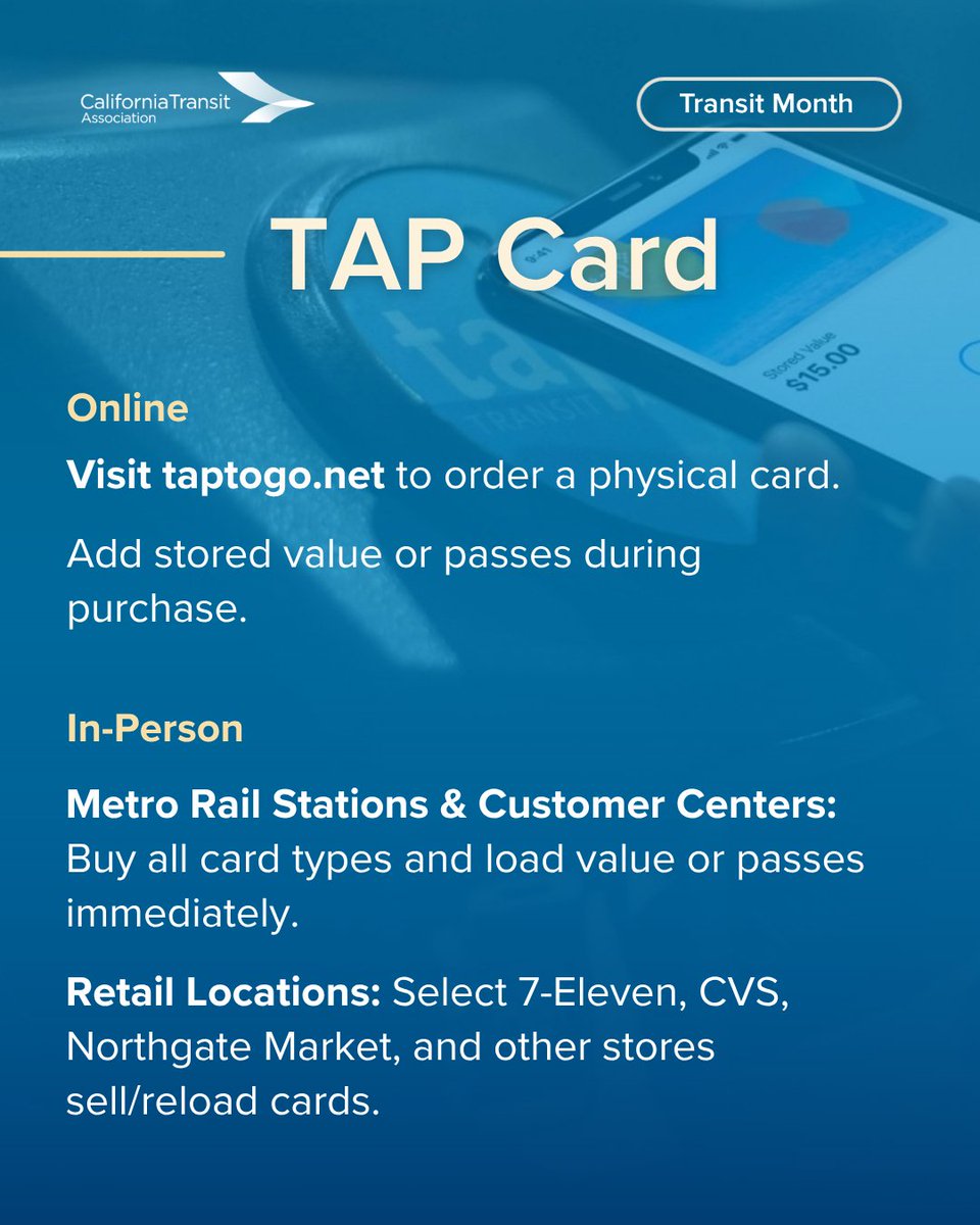 CalTransit's tweet photo. For #TransitMonth, we're breaking down exactly how to get your Clipper (Bay Area) or TAP (LA) card, online or in person, so you can hop on your next ride hassle-free.
 
For more information, visit https://t.co/ADSghyz1jD (Bay Area) or https://t.co/vE3Kh6hXpe (LA). https://t.co/KA3ErWH4md