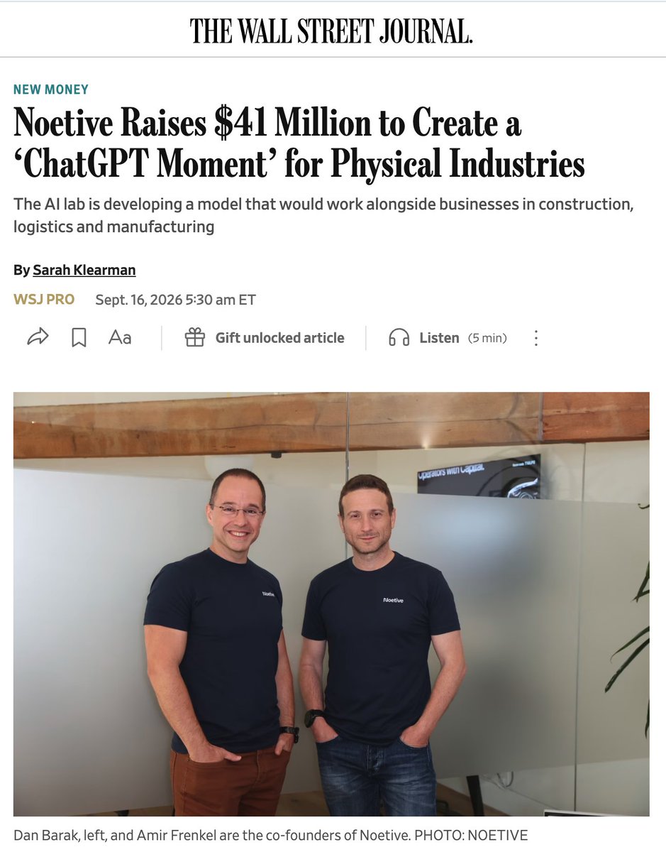 Amirfrenkel's tweet photo. 𝗜𝗻𝘁𝗿𝗼𝗱𝘂𝗰𝗶𝗻𝗴 𝗡𝗼𝗲𝘁𝗶𝘃𝗲  🚀

After five months in stealth I am excited to introduce to you … 𝗡𝗼𝗲𝘁𝗶𝘃𝗲 (https://t.co/Dw8kR83vXe)

@NoetiveAI is a new kind of AI lab, building the foundational models and agents that help every business across the physical Economy live up to its true potential – We call it 𝗜𝗻𝘁𝗲𝗹𝗹𝗶𝗴𝗲𝗻𝗰𝗲 𝗼𝗳 𝗥𝗲𝗰𝗼𝗿𝗱.

𝗜𝗻𝘁𝗲𝗹𝗹𝗶𝗴𝗲𝗻𝗰𝗲 𝗼𝗳 𝗥𝗲𝗰𝗼𝗿𝗱 is a self-improving AI that works alongside teams. Our agents sit on top of the systems already in use, learn how the business truly runs, and take on the hardest parts of running it — delivering operational excellence day to day and sharper strategic insight over time, so the business keeps getting better and unlocking the potential that was always there.

As a founder you always want to make sure you have the right people along for the ride, so I started with @DanBarak, my great co-founder I have known for 28 years (OMG?!?! Has it been that long).

To allow you to dream big and build even bigger, you need an incredible founding team to make it all possible – I am so humbled and grateful for the exceptional team that we were able to put together to go tackle our lofty goal.

Last but not least I am excited to be building with, alongside and with the guidance of incredible venture firms, operators, entrepreneurs and builders who are there with me at every step of the way.

We are growing. I am looking for exceptional people to join Noetive. We are hiring (https://t.co/htJw1pYZ6r) AI researchers and full-stack AI-native engineers who want to take frontier research into the real world and make a dent in the universe.

Thank you @EclipseVentures, @craft_ventures , @TheWestlyGroup , Swish Ventures, FactoryHQ @gigascale, @incitedotorg , @Liquid2V, Operator Partners, @boztank, @Ahmad_Al_Dahle , @MattLRogers, Lior Susan, Yaser Sheikh, @schrep, @bsofman, @DLeitersdorf, @OLeitersdorf, @MosheSshalev, @Casspi18, @makavy, @orristr989 , Ryan Gibson, Shaun Chaudhuri, @Mike_Rob_Craft, @taylordurand_ , Steve Westly,  for your support, guidance and companionship.

Follow us on LinkedIn: https://t.co/bVQDs2BHui

Noetive's Full post: https://t.co/umBgdZQOWX

Let’s go!