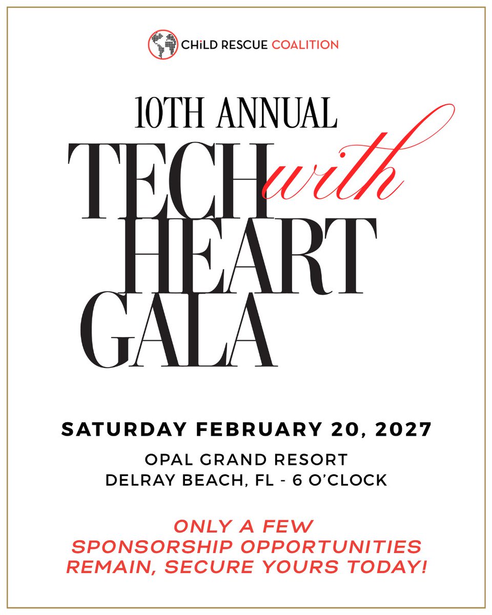 ChildRescueCo's tweet photo. 10 years of impact. One mission: protect children. 
On  2/20/27, Child Rescue Coalition will celebrate our 10th Annual Tech with Heart Gala at the Opal Grand Oceanfront Resort &amp; Spa in Delray Beach. 
Sponsorship opportunities are available now.  https://t.co/ugZSvDFQBx https://t.co/dPvNT4aecK