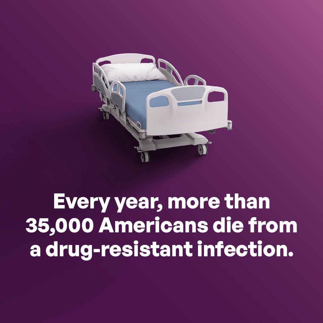 Empty hospital bed with white pillow and blue sheet on a purple background highlighting drug-resistant infection deaths.