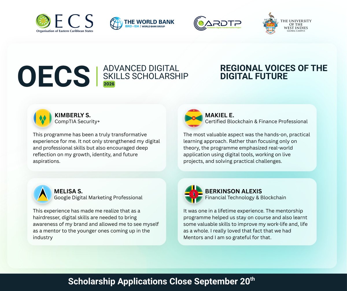 oecscommission's tweet photo. 🫵🏽You could be next!

🔗 Applications are open for the fully funded 2026 scholarship. Take the first step towards becoming one of our next beneficiaries: https://t.co/99k5sfLVpB

Share this opportunity with someone who could benefit too. #OECS #DigitalSkills #CARDTP https://t.co/bXZkFtAyBM
