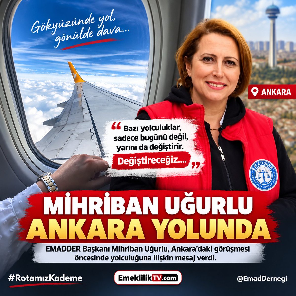 EmeklilikTV's tweet photo. Mihriban Uğurlu Ankara yolunda: “Bazı yolculuklar, yarını da değiştirir”

Emeklilikte Adalet Derneği #EMADDER Başkanı Mihriban Uğurlu, Ankara’daki görüşmesi öncesinde yaptığı sosyal medya paylaşımında yolculuğuna ilişkin mesaj verdi.

Uğurlu, uçak penceresinden çekilmiş fotoğraf eşliğinde yaptığı paylaşımda, “Gökyüzünde yol, gönülde dava…” ifadelerini kullandı.

Mesajında, “Bazı yolculuklar, sadece bugünü değil, yarını da değiştirir.” diyen Uğurlu, paylaşımını “Değiştireceğiz….” sözleriyle tamamladı.

Uğurlu ayrıca paylaşımında @EmadDernegi hesabını etiketlerken, #RotamızKademe hashtagini kullandı.

Uğurlu’nun paylaşımı, Ankara’da gerçekleştireceği görüşme öncesindeki yolculuğuna ilişkin mesaj olarak dikkat çekti. EMADDER’in #KademeliEmeklilik başlığına ilişkin çalışmaları ve görüşmeleri kapsamında Ankara’da temaslarda bulunması bekleniyor.

Kaynak: Mihriban Uğurlu’nun X paylaşımı @MihribanUgurlu / X

#seçimdenöncekademe
#SandıktanönceKademe
#Emeklilik