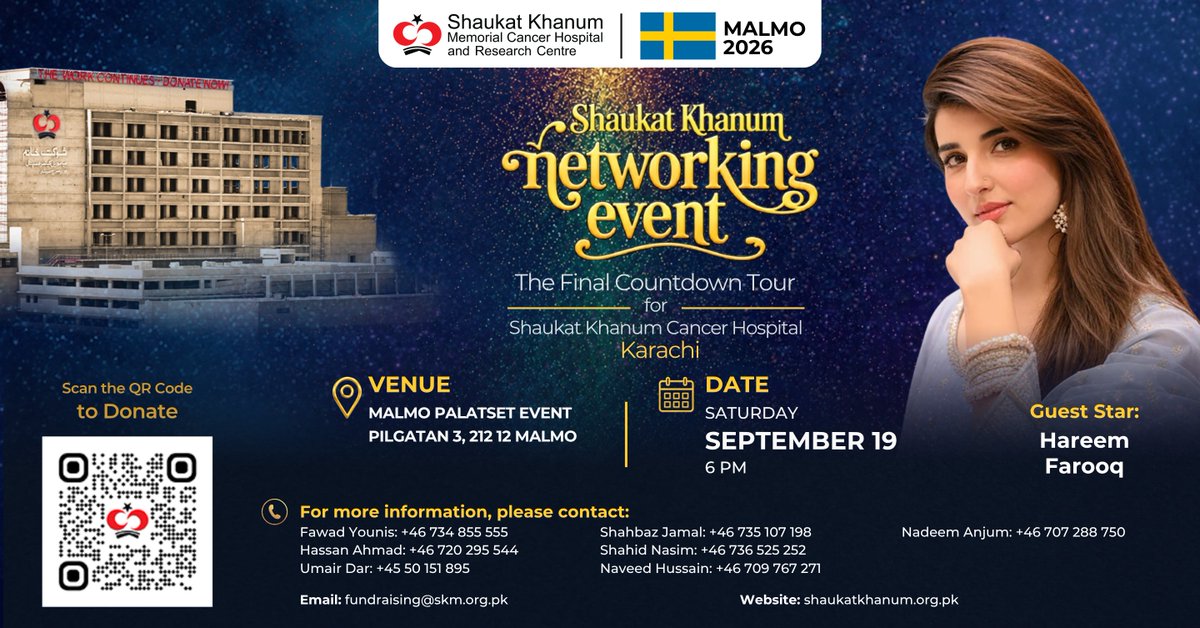 SKMCH's tweet photo. Join us at the networking event in Malmö, Sweden, in support of #ShaukatKhanumKarachi

Guest Star: Hareem Farooq

Date: Saturday, September 19, 2026

For event details: https://t.co/VmgV2JhgSj 

#ShaukatKhanumFundraisers #SKMCH #SKMCHMalmoFundraiser #Sweden https://t.co/FkD54X05r4