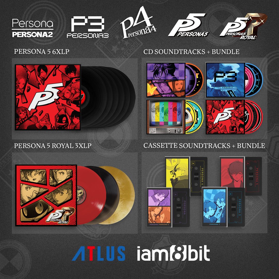 iam8bit's tweet photo. The Persona 30th Anniversary celebration continues! Alongside our friends @AtlusStyles, we have a completely full slate of new + returning soundtracks up for preorder: 

🟣🔴: P1 & P2 CD + Cassette
🔵: P3 CD + Cassette
🟡: P4 CD + Cassette
⚫🔴: P5 6xLP, CD, Cassette, P5R: 3xLP (limited stock and ships immediately!)

https://t.co/B2aZWPD0L4