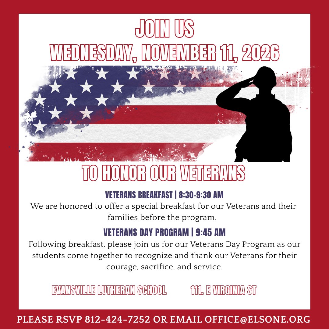 EVLUTHERAN's tweet photo. ����🇸 This Veterans Day, join Evansville Lutheran School as we honor those who served! 

You’re invited to our special event—let’s show our gratitude together. 

📅 November 11 |📍 Evasnville Lutheran School, 111. E Virginia St.

#VeteransDay #ThankYouVeterans #EvansvilleLutheran https://t.co/1eCEQ3AWq6