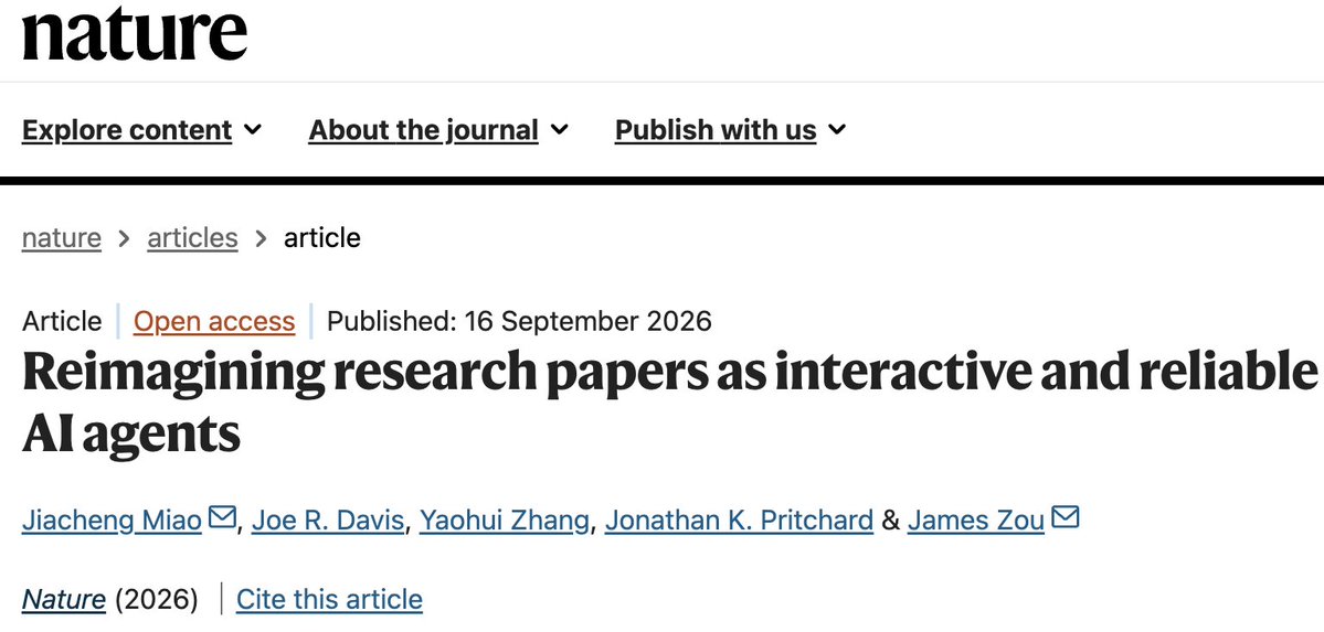 Jiacheng_Miao's tweet photo. 🔥 Excited to share that #paper2agent is published in @Nature today!  

Papers have long been the primary format for communicating scientific knowledge, but they remain static. Putting that knowledge to work requires connecting findings to data, navigating supplementary materials, and adapting methods to new questions - effort repeated by each new reader.  

We introduce Paper2Agent, a multi-agent framework that automatically turns research papers into virtual authors. Paper2Agent turns a paper’s manuscript, code, data, and supplements into an MCP server that any AI agent can access, with automated testing and iterative refinement in an agentic loop. The paper then becomes a virtual author you can talk to: trace claims to evidence, analyze your own data, and collaborate with other papers’ virtual authors  

Agentifying a paper turns it from something people read into something people and AI agents can discover and build on - providing the context needed to interpret its findings and reuse its methods reliably. We tested how reliably these agents put papers to use. Across multiple benchmarks, agents created by Paper2Agent outperformed baselines such as Claude Code working directly with papers' PDFs and code repositories.  

Once papers become virtual authors, they can collaborate - much like human researchers do. In one case study, agents built from AlphaGenome and two large-scale genetic perturbation studies worked together to propose a new computational approach for integrating evidence across different perturbation datasets. By connecting predictions from one paper with experimental data from others, they helped pinpoint a likely causal gene for psoriasis.  

We hope Paper2Agent makes scientific knowledge easier to access, reuse, and build on - a first step toward a future where millions of paper agents proactively collaborate with human researchers and one another to advance discovery.  

🤖Talk to the virtual author for Paper2Agent itself: https://t.co/wCzxUS4alX
📎Paper: https://t.co/2EGOPUgirB
💻Code: https://t.co/290bZWDmRt 

VERY grateful to work with this incredible team: @james_y_zou, @jkpritch, Yaohui, and Joe!
