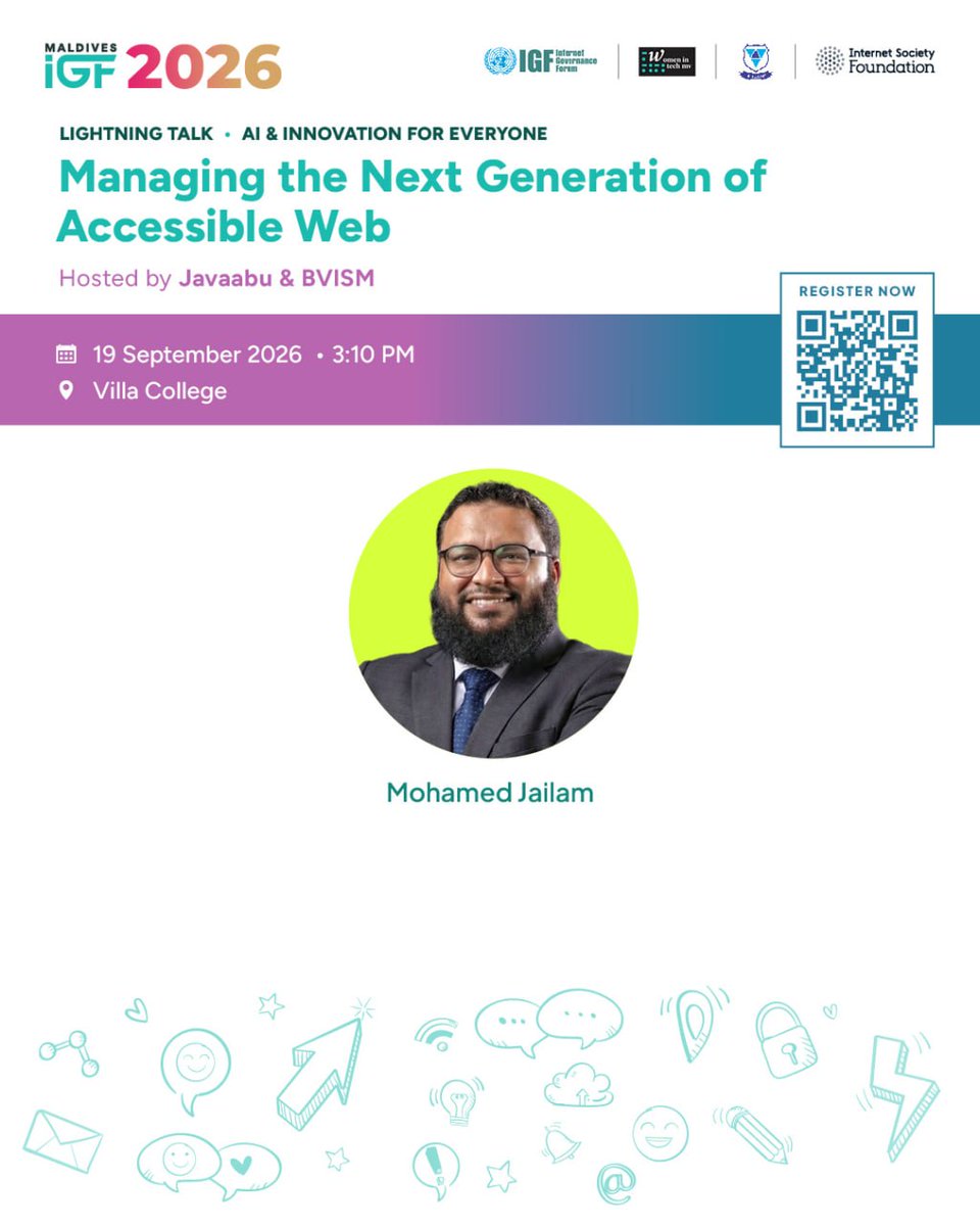 Igfmv's tweet photo. What does the future of accessible web look like?

Explore how accessibility standards and AI can create a more intuitive web experience for visually impaired users.

📅 19 September 2026
🕐 3:10 PM to 3:20 PM
📍 Villa College

Register at https://t.co/KisvgBSqag https://t.co/eoFbKbB5ey