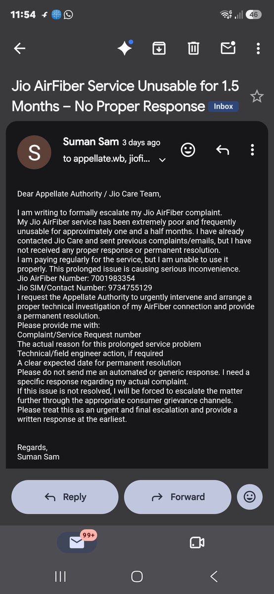 SumanSam279296's tweet photo. @reliancejio @reliancejioCare Serious Jio network issue in our area. 500+ SIM users &amp; 10 AirFiber connections affected. Calls and AirFiber are unusable. Repeated complaints, but no resolution or SR number. Please escalate urgently. Evidence attached. https://t.co/oqZKHtu84I