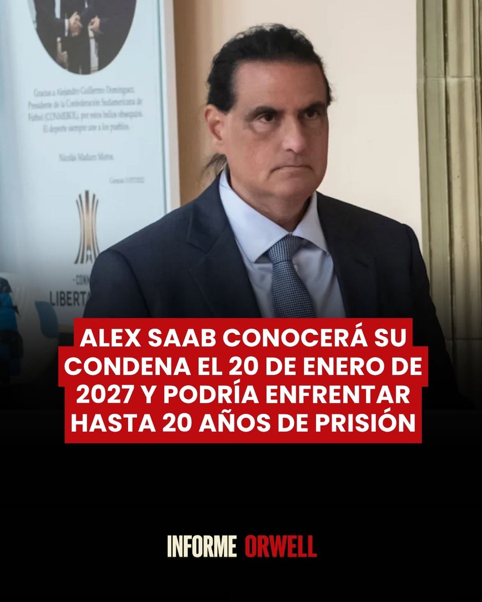 InformeOrwell's tweet photo. 🚨🇺🇸🇻🇪 | La jueza federal Kathleen Williams fijó para el 20 de enero de 2027 la audiencia en la que Alex Saab recibirá su sentencia, después de declararse culpable de lavado de dinero y alcanzar un acuerdo de cooperación con la Fiscalía de Estados Unidos. 

Saab enfrenta una pena máxima de 20 años de prisión y una multa de hasta US$500.000. Como parte de su acuerdo, también aceptó entregar US$195 millones en ganancias criminales y colaborar con investigaciones federales.