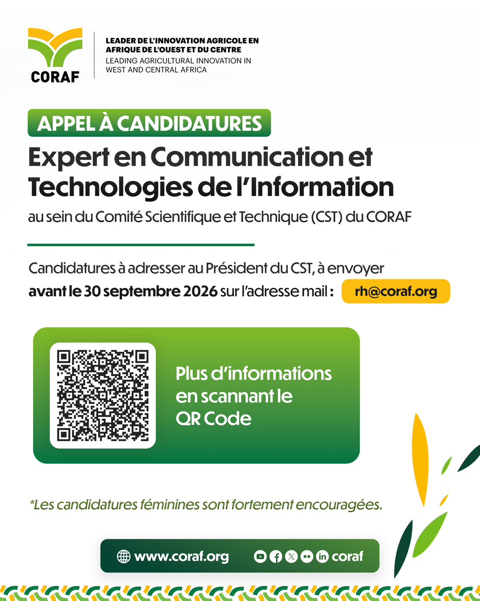 CORAFNews's tweet photo. 📢 APPEL À CANDIDATURES | Le @CORAFNews  recherche un Expert en Communication et Technologies de l’Information pour rejoindre son Comité Scientifique et Technique (CST).

📅 Date limite : 30 septembre 2026
📩 rh@coraf.org

👉 Postulez : https://t.co/agcfAKDxiM https://t.co/RqvEHV8H9p