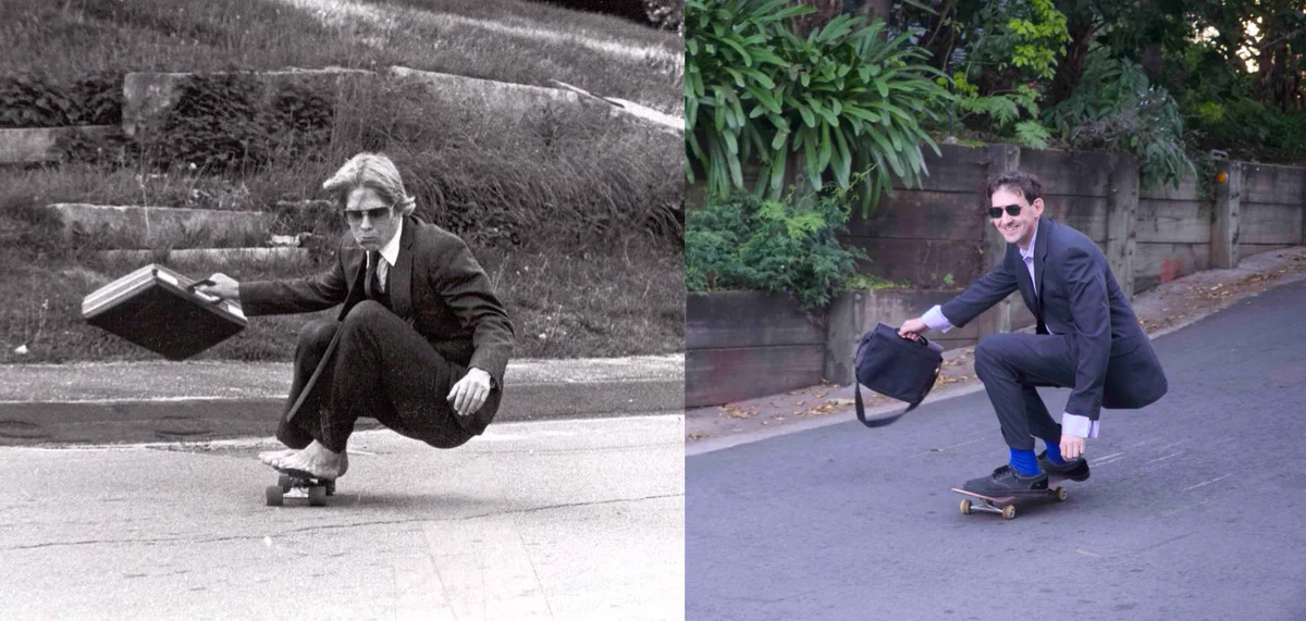Two pictures of people skateboarding. At left, a picture from the early 1980s. The skater is wearing a suit, carrying a briefcase, and is barefoot. He is crouched so low that his derrier is almost on the ground. At right, Chris skateboarding in a suit and carrying a briefcase, but with sensible shoes on. Chris's behind is much farther from the ground, alas.