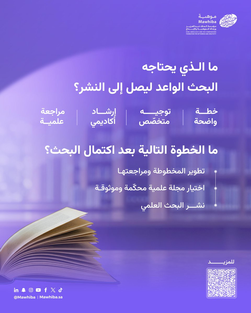 mawhiba's tweet photo. من البحث إلى النشر العلمي
يقدّم #برنامج_موهبة_للنشر_العلمي للموهوبين والباحثين منظومة متكاملة من الأدوات والدعم لتطوير أبحاثهم، وتعزيز جودتها، وتهيئتها للنشر في أبرز المجلات العلمية العالمية.

https://t.co/A4BHwbTsiz https://t.co/CYRhXaBWMh
