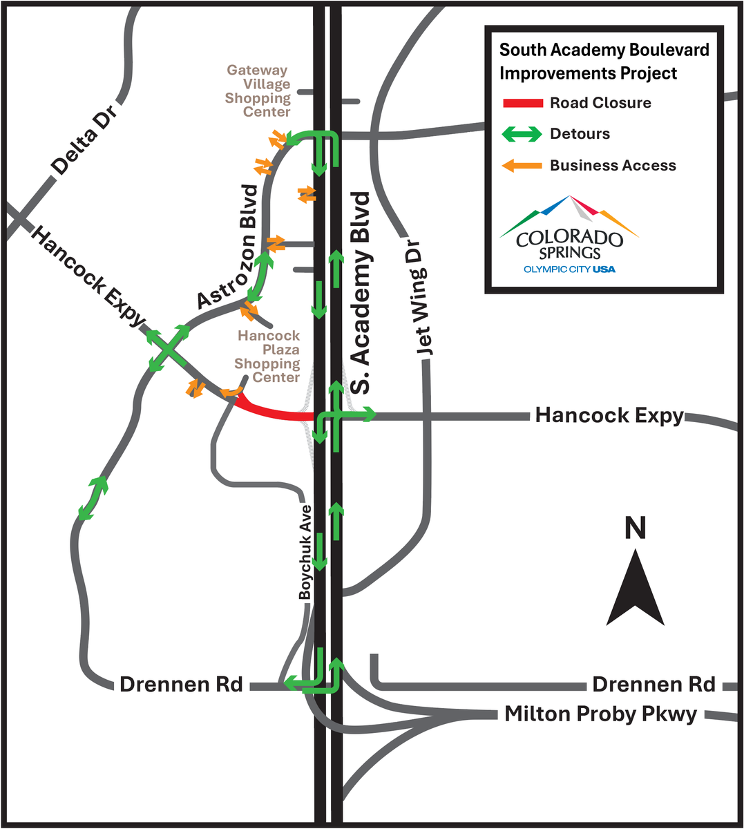 CityofCOS's tweet photo. Starting at 7 p.m. on Sept. 18, Hancock Expy. west of S. Academy Blvd. will close until noon on Oct. 3, for storm sewer installation. Use Astrozon Blvd. or Drennan Rd. for detours. The right lane of southbound S. Academy Blvd near Hancock Expy. will also close for crew machinery. https://t.co/xFMge1ZWHC