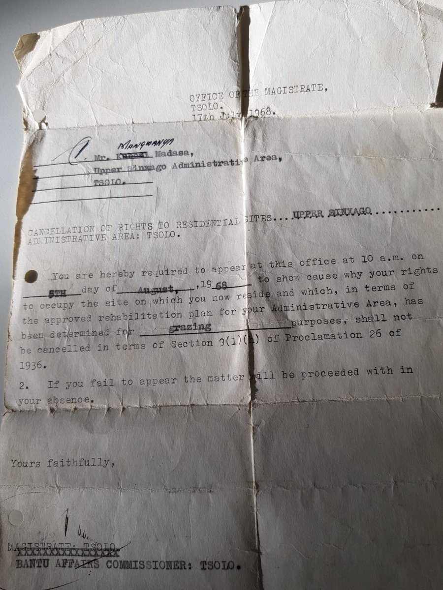 sandileswana's tweet photo. Donald J Trump and AfriForum. 
The attached Land Expropriation letter was issued in 1968, within living memory to my  friend's grandfather. Compensation was not a primary consideration. 

My friend was alive in 1968 and still lives. Grandfather Madasa was one of the wealthiest indigenous farmers in the Eastern Cape, with more than 2000 sheep, and a variety of livestock and crops in theTsolo area. He lived and worked  among  Mpondomise people on his customary land. The white apartheid government called his farm, residential rights regardless of the  ancestral ties of the Krancolo people to that land, successful animal husband and crop farming. In 1968 the Madasa family was put on a clear downward economic and financial trend that has not been resolved. These are questions of concrete political struggle. 

I is with heaviness of of heart that my own grandfather, Burnett Mafeje, uJola, lost all of his land among Mpondomise in the 1970s, by the 1980s there were no traces of his livestock wealth and his croplands. Our families were pauperised by the state while were already born and attending school. My partenal Ruben Swana lost his land around 1976, sinking us into poverty. I had eaten much fresh fruit from his highly developed orchard from the early 1970s.

It is imperative that EFF, PAC and our people as a whole look at the Land Question with greater determination regardless of the reckless threats from AfriForum and Donald J Trump.

Kubo makwedini!!! Ningabuyi ngamva. Kubo, kubi!!!
