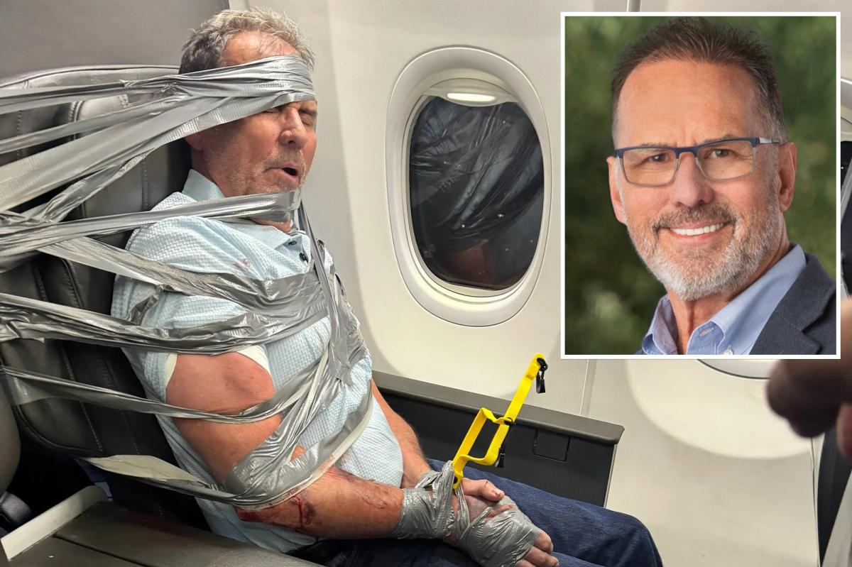 nypost's tweet photo. Duct-tape plane passenger breaks silence - and gives unbelievable excuse for midflight meltdown https://t.co/ZbefGV6X3r https://t.co/yIFEbVQfkK