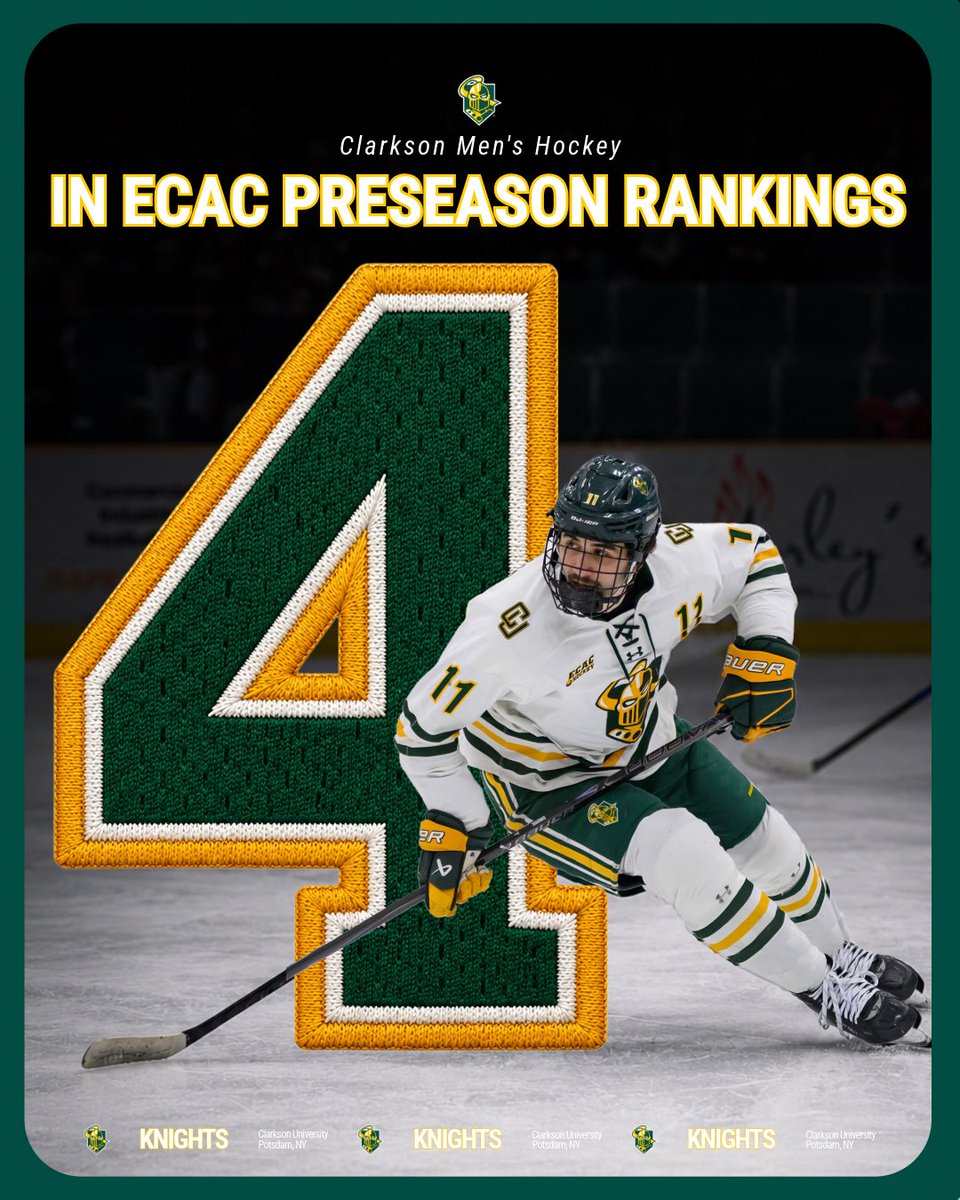 ClarksonMHockey's tweet photo. Ranked No. 4 in the ECAC preseason poll 🟢🟡
The countdown to puck drop is on. 👀🏒
#letsgotech | #goldenknights https://t.co/1raxNJUVHb