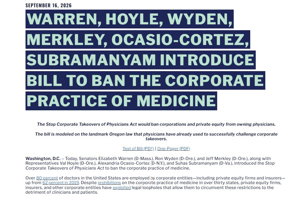 CPCC_America's tweet photo. 🚨Today @SenWarren, @RonWyden, @ValHoyle, @SuhasforVA, @AOC, and @SenJeffMerkley introduced the Stop Corporate Takeovers of Physicians Act backed by all of CPCC's physician groups to ban the corporate practice of medicine, including by PE and MSOs: https://t.co/AkYvattTsN https://t.co/50V9iF3EFx