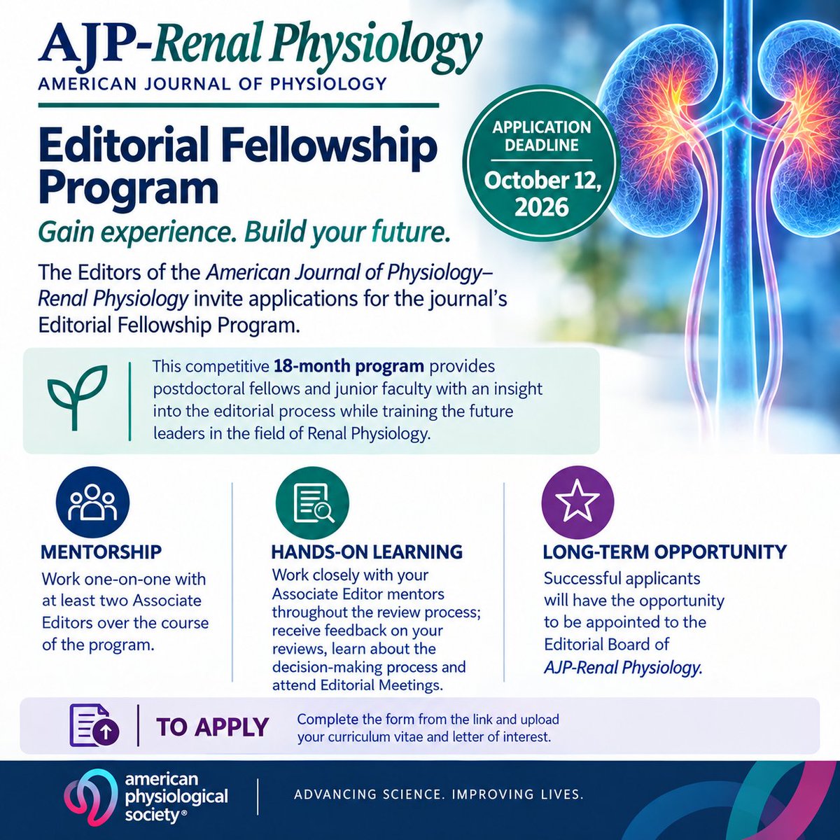 AJPRenal's tweet photo. Ready to expand your experience in renal physiology?

Apply for the #AJPRenal Editorial Fellowship! 
🖱️https://t.co/tAf0BxXoaB

Gain hands-on editorial experience, expert mentorship, and scientific publishing training. 

⏱️Apply by Oct. 12, 2026!

https://t.co/tAf0BxXoaB https://t.co/oJkY3L6oj0