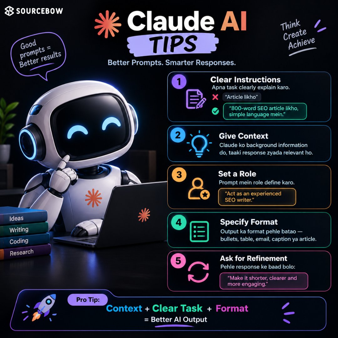 sourcebow's tweet photo. Better prompts = better AI responses.

With Claude AI, you don’t always need a longer prompt. You need a clearer one.

Give it the right context, role, goal, and output format, then refine the response.

#ClaudeAI #PromptEngineering #AI https://t.co/bnZIrEJQ3D