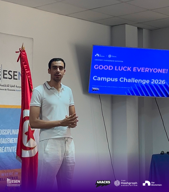 DarBlockchain's tweet photo. ESEN has reached the hackathon stage of HCCC 2026.

Teams are now building through the ESEN Campus Edition, with the local hackathon still in progress.

Big thanks to Jihen Elouakdi and the ESEN team for the commitment and coordination throughout the journey.

We’ll share the first local winner once this stage wraps.

Organized by @DarBlockchain  and @The_Hashgraph. Powered by @4Hacks_io.