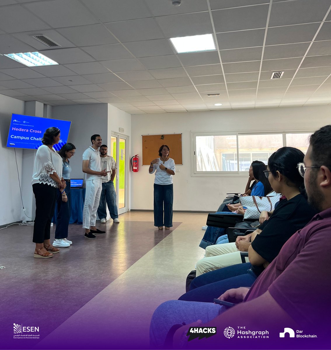 DarBlockchain's tweet photo. ESEN has reached the hackathon stage of HCCC 2026.

Teams are now building through the ESEN Campus Edition, with the local hackathon still in progress.

Big thanks to Jihen Elouakdi and the ESEN team for the commitment and coordination throughout the journey.

We’ll share the first local winner once this stage wraps.

Organized by @DarBlockchain  and @The_Hashgraph. Powered by @4Hacks_io.
