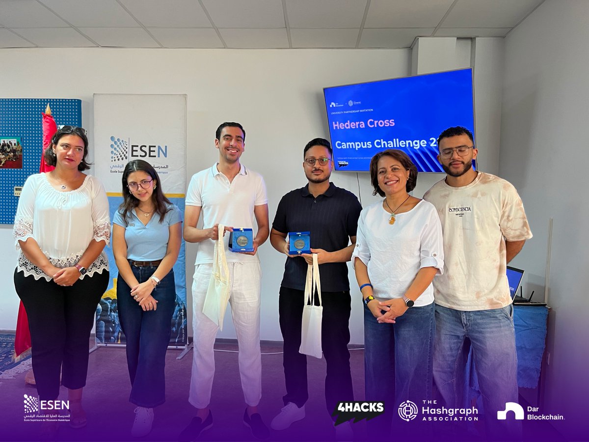 DarBlockchain's tweet photo. ESEN has reached the hackathon stage of HCCC 2026.

Teams are now building through the ESEN Campus Edition, with the local hackathon still in progress.

Big thanks to Jihen Elouakdi and the ESEN team for the commitment and coordination throughout the journey.

We’ll share the first local winner once this stage wraps.

Organized by @DarBlockchain  and @The_Hashgraph. Powered by @4Hacks_io.