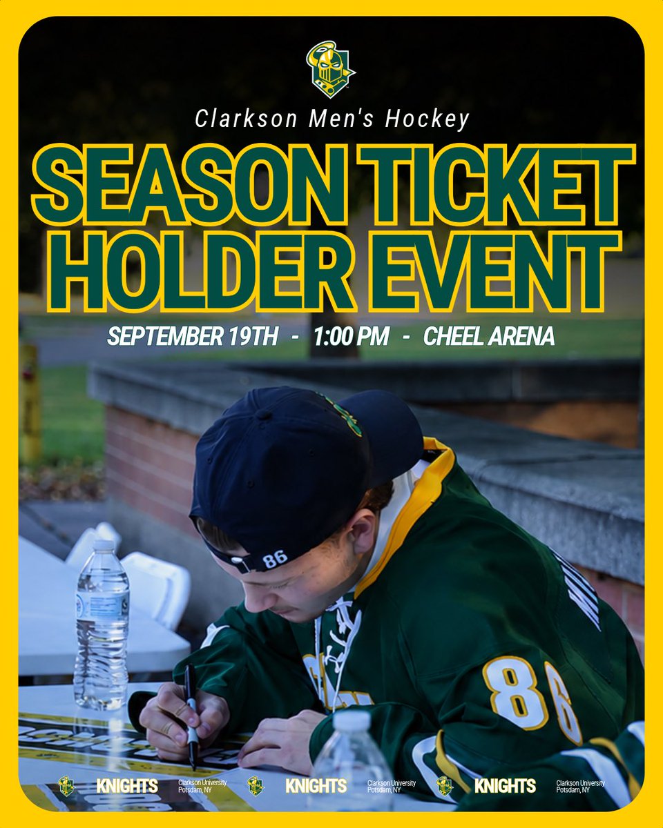ClarksonMHockey's tweet photo. Season Ticket Holder Event is coming up! 🏒
Join us September 19th at 1 PM at Cheel Arena for our season ticket holder event with your Golden Knights!
Can't wait to see you there, Knights fans!
#LetsGoTech | #GoldenKnights https://t.co/O0O0Yf18jz