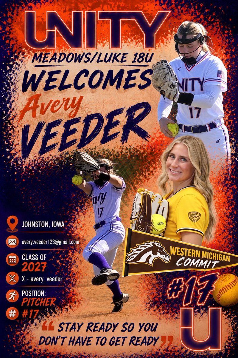UnityMead_Luke's tweet photo. Our final 💎 in the ⭕️ is a 🔑 piece to the 🧩!!!! Super excited to welcome  @WMUSoftball commit @avery_veeder  and family‼️ Avery is a Fierce Competitor that consistently frustrates hitters!!! An exceptional talent and even better young lady that we are excited to welcome to the family!!!! 🧡💜