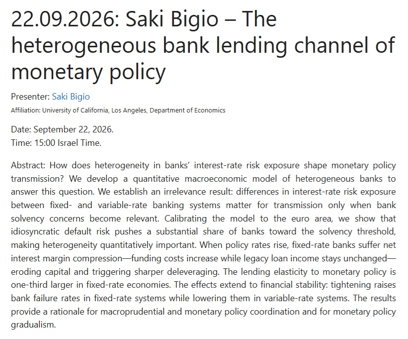 vimacro_org's tweet photo. Next week, @SakiBigio (@UCLA) will present his paper "The heterogeneous bank lending channel of monetary policy" @vimacro_org

Registration: https://t.co/t8MhknkBoD

Info/Paper: https://t.co/pv0Rtwbrb9

#OnlineSeminar #Economics #Research #Banks #MonetaryPolicy #Heterogeneity https://t.co/WiXCkdWxLp