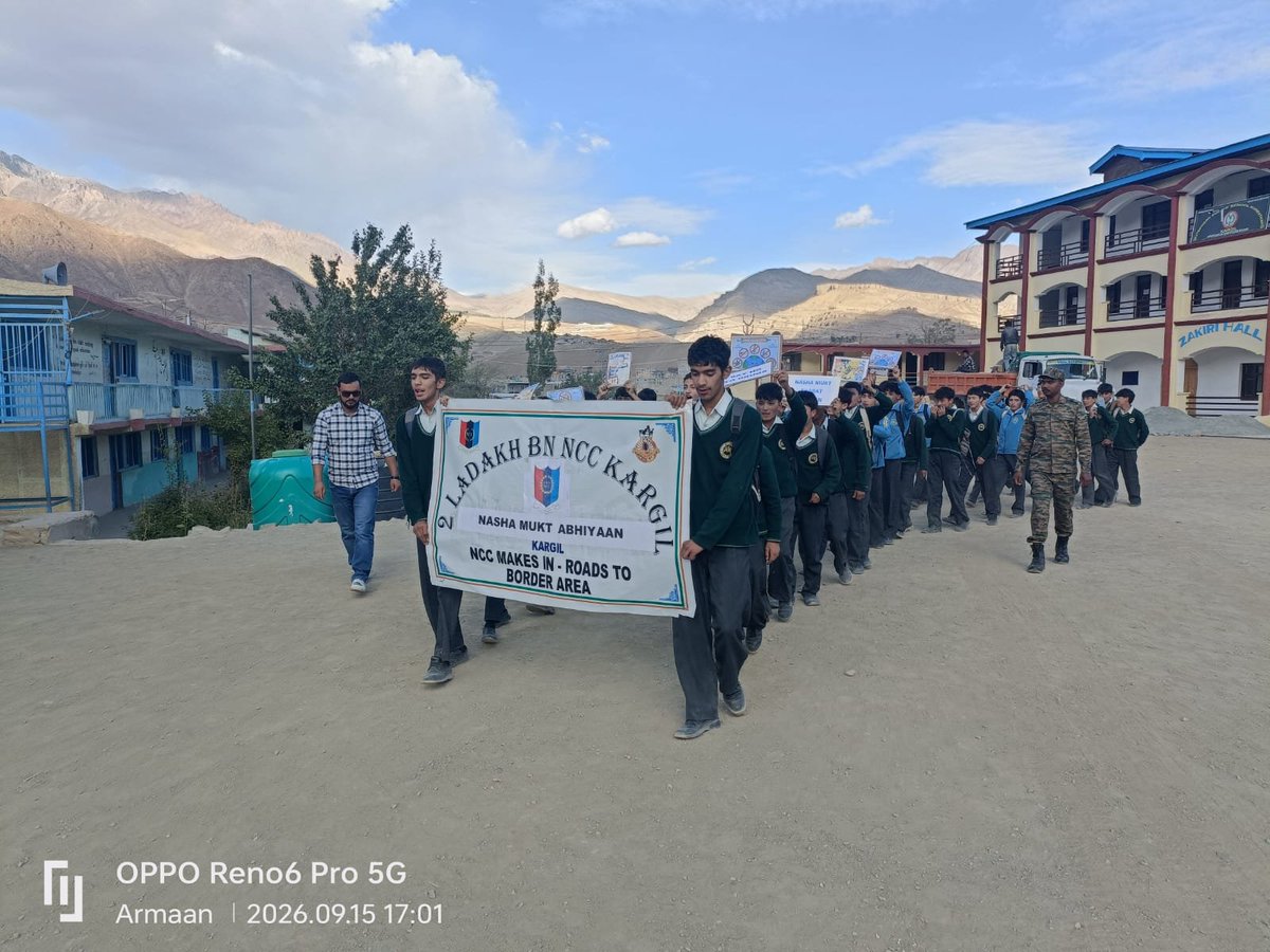 NCCGPHQSRINAGAR's tweet photo. 🇮🇳 Nasha Mukt Bharat Abhiyan | Kargil

As part of the Nasha Mukt Bharat Abhiyan, NCC cadets of 2 Ladakh Bn NCC, Kargil from MPS Kargil, organised an awareness rally against drug and substance abuse. 30 students, 01 ANO & 01 PI Staff participated in spreading the message of a Drug-Free India through slogans and awareness messages.
The initiative promoted healthy choices, youth empowerment and collective responsibility towards building a Nasha Mukt Bharat.

🇮🇳 Say NO to Drugs, YES to a Healthy & Brighter Future!

#NashaMuktBharat #NCC #Kargil #Ladakh #DrugFreeIndia

@NorthernComd_IA @adgpi @HQ_DG_NCC @NCCDteJKL @JPNadda @HealthMedicalE1 @MOHFW_INDIA
@Mygovindia @PIB_India @SpokespersonMoD
@lg_ladakh
@firefurycorps
@prodefleh
@DIPR_Kargil