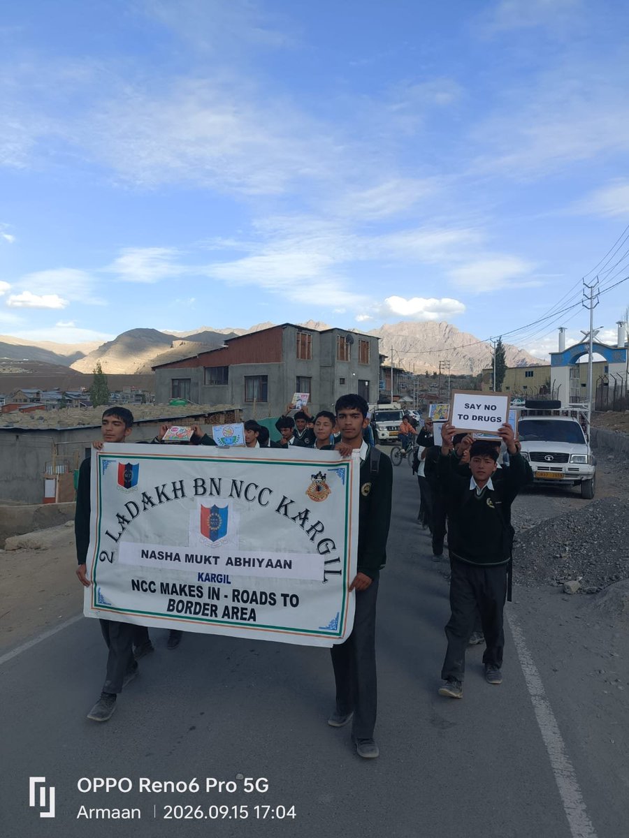 NCCGPHQSRINAGAR's tweet photo. 🇮🇳 Nasha Mukt Bharat Abhiyan | Kargil

As part of the Nasha Mukt Bharat Abhiyan, NCC cadets of 2 Ladakh Bn NCC, Kargil from MPS Kargil, organised an awareness rally against drug and substance abuse. 30 students, 01 ANO & 01 PI Staff participated in spreading the message of a Drug-Free India through slogans and awareness messages.
The initiative promoted healthy choices, youth empowerment and collective responsibility towards building a Nasha Mukt Bharat.

🇮🇳 Say NO to Drugs, YES to a Healthy & Brighter Future!

#NashaMuktBharat #NCC #Kargil #Ladakh #DrugFreeIndia

@NorthernComd_IA @adgpi @HQ_DG_NCC @NCCDteJKL @JPNadda @HealthMedicalE1 @MOHFW_INDIA
@Mygovindia @PIB_India @SpokespersonMoD
@lg_ladakh
@firefurycorps
@prodefleh
@DIPR_Kargil
