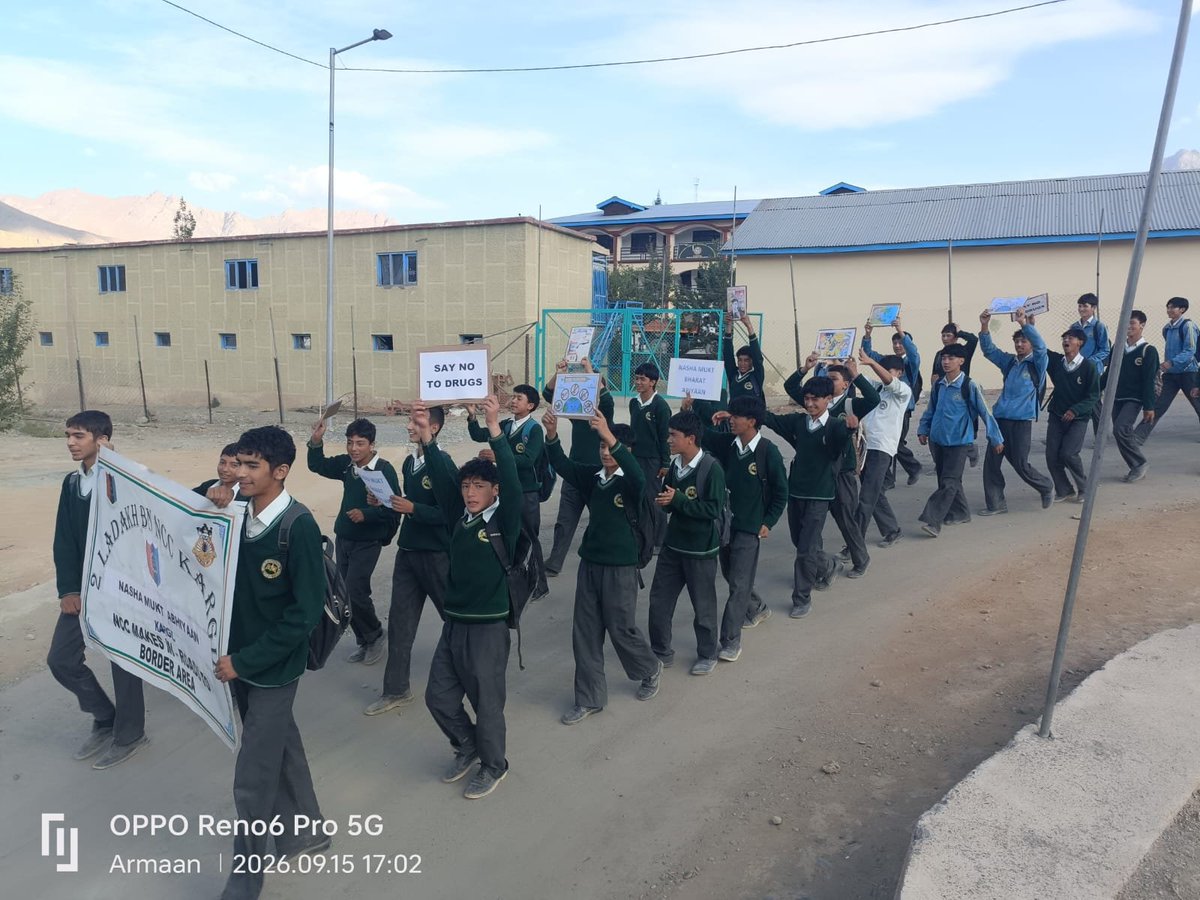 NCCGPHQSRINAGAR's tweet photo. 🇮🇳 Nasha Mukt Bharat Abhiyan | Kargil

As part of the Nasha Mukt Bharat Abhiyan, NCC cadets of 2 Ladakh Bn NCC, Kargil from MPS Kargil, organised an awareness rally against drug and substance abuse. 30 students, 01 ANO & 01 PI Staff participated in spreading the message of a Drug-Free India through slogans and awareness messages.
The initiative promoted healthy choices, youth empowerment and collective responsibility towards building a Nasha Mukt Bharat.

🇮🇳 Say NO to Drugs, YES to a Healthy & Brighter Future!

#NashaMuktBharat #NCC #Kargil #Ladakh #DrugFreeIndia

@NorthernComd_IA @adgpi @HQ_DG_NCC @NCCDteJKL @JPNadda @HealthMedicalE1 @MOHFW_INDIA
@Mygovindia @PIB_India @SpokespersonMoD
@lg_ladakh
@firefurycorps
@prodefleh
@DIPR_Kargil