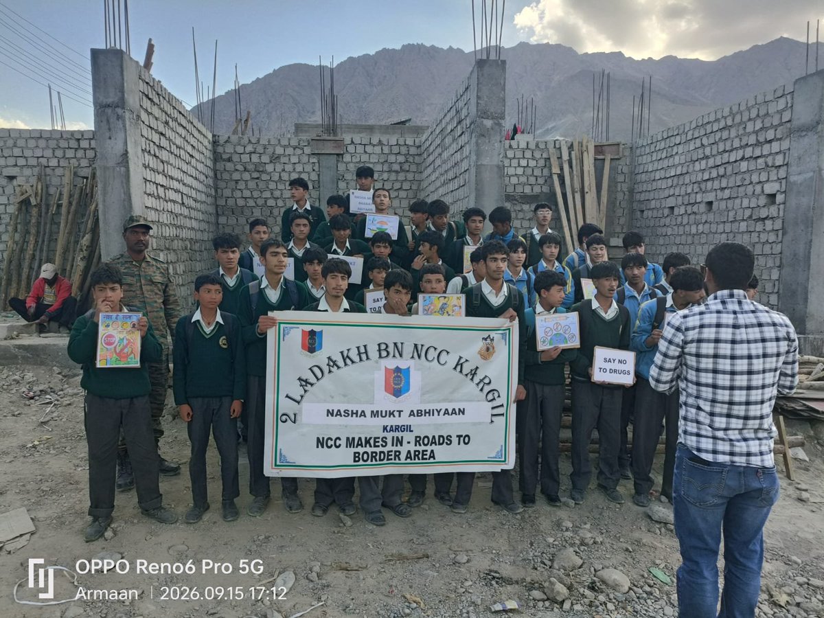 NCCGPHQSRINAGAR's tweet photo. 🇮🇳 Nasha Mukt Bharat Abhiyan | Kargil

As part of the Nasha Mukt Bharat Abhiyan, NCC cadets of 2 Ladakh Bn NCC, Kargil from MPS Kargil, organised an awareness rally against drug and substance abuse. 30 students, 01 ANO & 01 PI Staff participated in spreading the message of a Drug-Free India through slogans and awareness messages.
The initiative promoted healthy choices, youth empowerment and collective responsibility towards building a Nasha Mukt Bharat.

🇮🇳 Say NO to Drugs, YES to a Healthy & Brighter Future!

#NashaMuktBharat #NCC #Kargil #Ladakh #DrugFreeIndia

@NorthernComd_IA @adgpi @HQ_DG_NCC @NCCDteJKL @JPNadda @HealthMedicalE1 @MOHFW_INDIA
@Mygovindia @PIB_India @SpokespersonMoD
@lg_ladakh
@firefurycorps
@prodefleh
@DIPR_Kargil