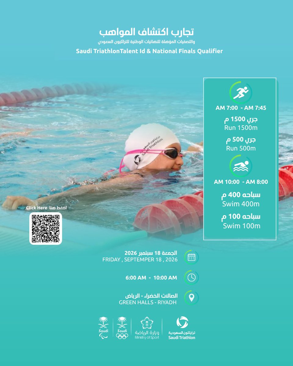 TriathlonKSA's tweet photo. طريق الأبطال يبدأ من هنا
سلسلة البطولات الوطنية تحت 20 سنة
🗓 18 سبتمبر | ⏰ 6–10 ص
📍 الصالات الخضراء، الرياض
سجّل عبر رمز QR.

Champions start here
U20 National Championship Series
🗓 Sep 18 | ⏰ 6–10 AM
📍 Green Halls, Riyadh
Scan the QR code to register.

#ترايثلون
#Triathlon https://t.co/ze0WX5I2MH