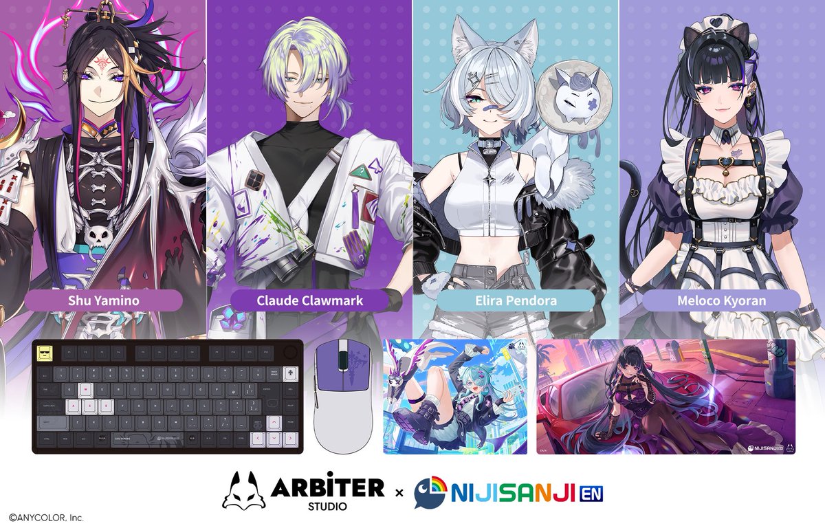arbiterstudio's tweet photo. ／
📢 #TGS2026
Arbiter Studio × NIJISANJI EN is back!

This year’s collaboration features four NIJISANJI EN Livers ✨
＼

🌟 Elira Pendora
🌟 Meloco Kyoran
🌟 Shu Yamino
🌟 Claude Clawmark

⌨️ JIS Keyboards
🖱️ Wireless Gaming Mice
🎨 Glass & Cloth Mousepads

※ Shu Yamino and Claude Clawmark’s lineups include keyboards and gaming mice only.

The full collaboration lineup will be on display at #TGS2026. Come check it out in person! 👀✨

📍 Fumo Shop × Arbiter Studio
Booth 10-E20