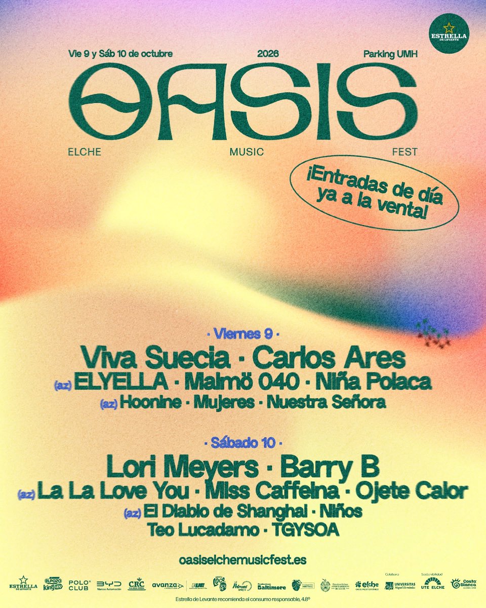 oasiselche's tweet photo. ¡ENTRADAS DE DÍA #OasisElche2026 A LA VENTA! 

¡Consigue ya la tuya a por las tuyas desde solo 44,99€ + g.g. porque es un CUPO SÚPER LIMITADO y conforme se vayan agotando los cupos irán subiendo de precio!

🎫¡Corre a https://t.co/4JFOBYWJVN a por la tuya! https://t.co/lr4csA1As0