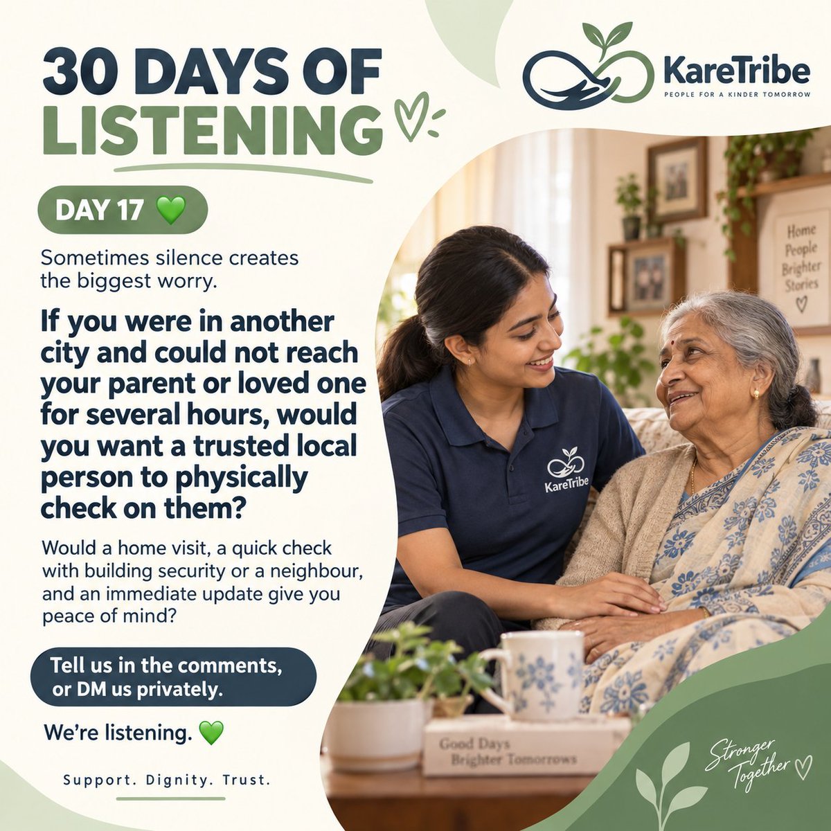 karetribe's tweet photo. 30 DAYS OF LISTENING — DAY 17 💚

If you were in another city and couldn’t reach your parent for several hours, would you want a trusted local person to check on them, speak to security/neighbours if needed, and update you?

Would that give you peace of mind? 💚 

#KareTribe https://t.co/DWme14C9wU