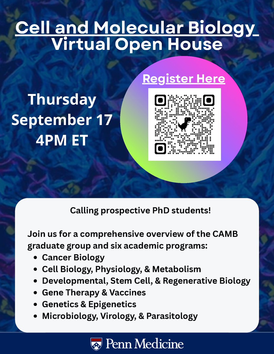 CAMBUpenn's tweet photo. Learn 🔍️ about CAMB tomorrow! 4pm ET, September 17th.📣 All prospective PhD students - 👩‍💻 - registration required. Access link 🔗 to register with QR code. https://t.co/fikaDx8y4V