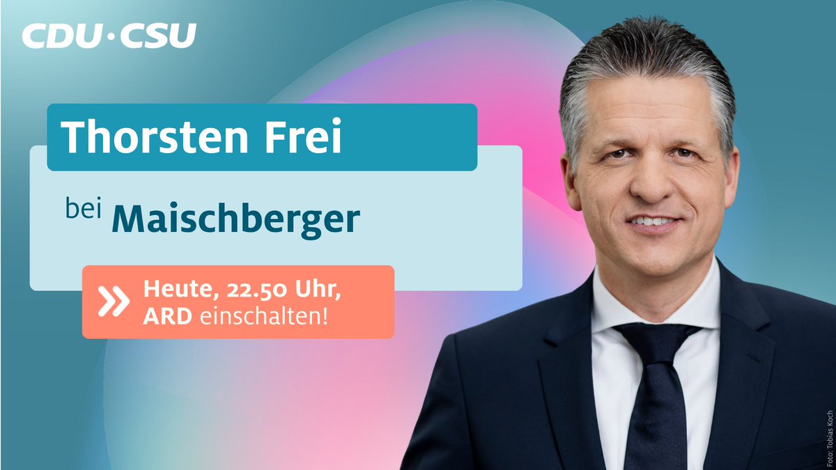cducsubt's tweet photo. 📺 TV-Tipp: @thorsten_frei spricht heute Abend bei
@maischberger zum Thema „Rechtsruck und Reformdruck – die Koalition unter Zugzwang.“

Mit dabei: @nouripour, Margot #Käßmann, Hubertus #MeyerBurckhardt, @VicaaReich und @rene_pfister 

⏰ 22.50 Uhr @ARD https://t.co/0lnI3q8l18