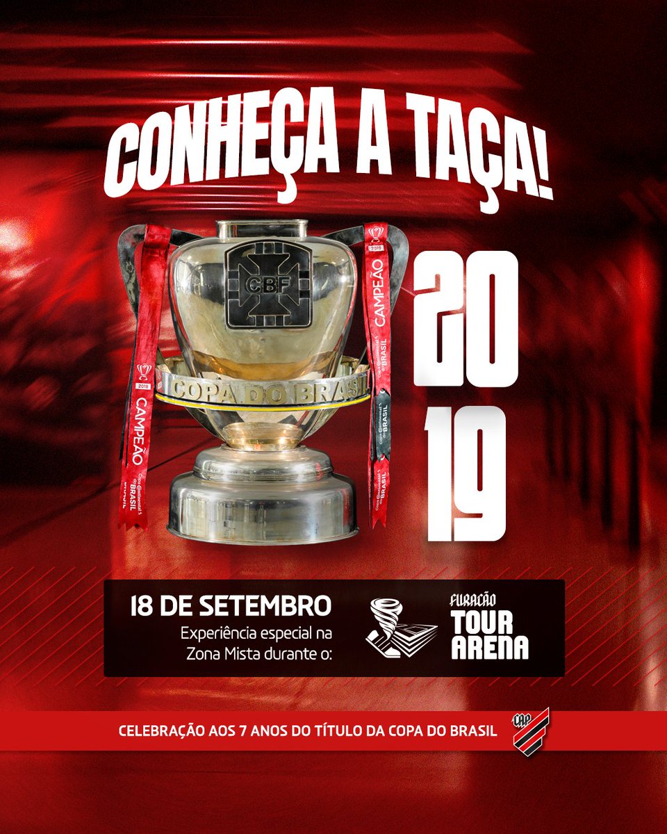 AthleticoPR's tweet photo. 🏆 Sete anos de uma conquista que marcou a nossa história!

Nesta sexta-feira (18/09), o Furacão Tour terá uma experiência especial em celebração ao título da Copa do Brasil de 2019.

🌪️ Durante o Tour Arena, a taça conquistada pelo Athletico estará em exposição na Zona Mista, junto ao mural da conquista, e os visitantes poderão chegar ainda mais perto desse capítulo da nossa história e registrar uma foto com o troféu. 

🎟️ Os ingressos estão disponíveis na bilheteria do Furacão Tour, na esplanada da Arena da Baixada, e também em https://t.co/M5FoYshG8X .

*A experiência especial acontece exclusivamente no dia 18/09, durante o Tour Arena.