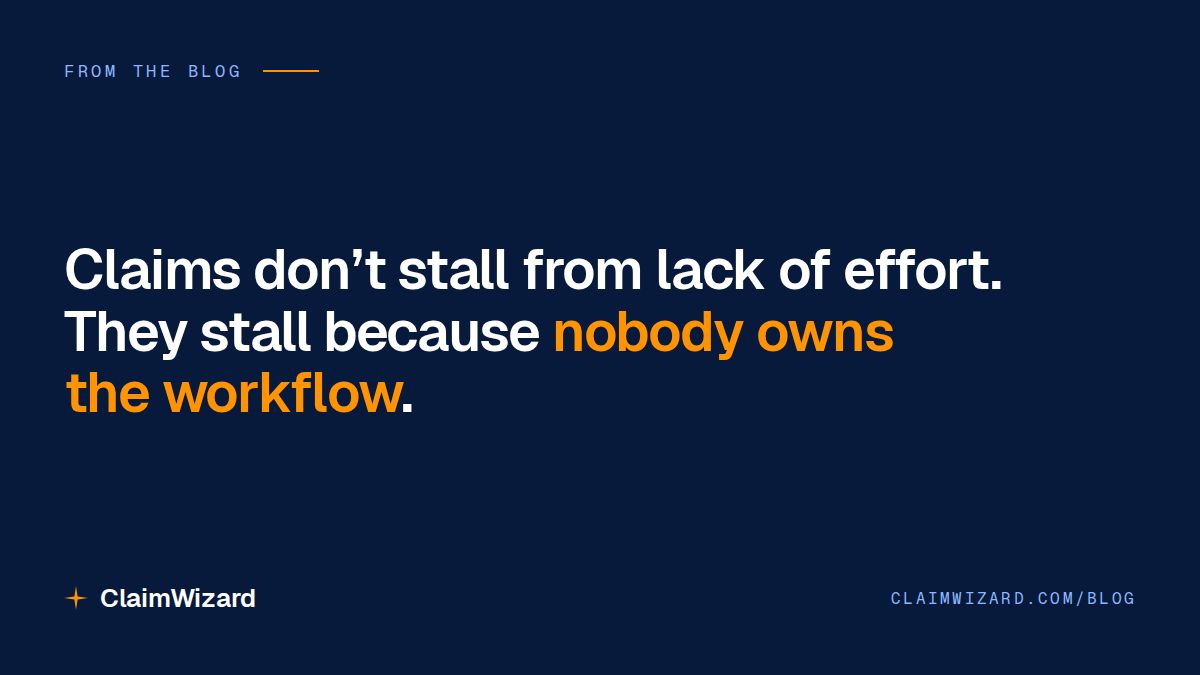 ClaimWizard's tweet photo. A claim can sit idle for a week while the whole team is busy. That is not an effort problem. It is an ownership problem.

Why every adjusting firm needs a Workflow Coordinator: https://t.co/fevGYlEvsU https://t.co/cOpbDRXWWk