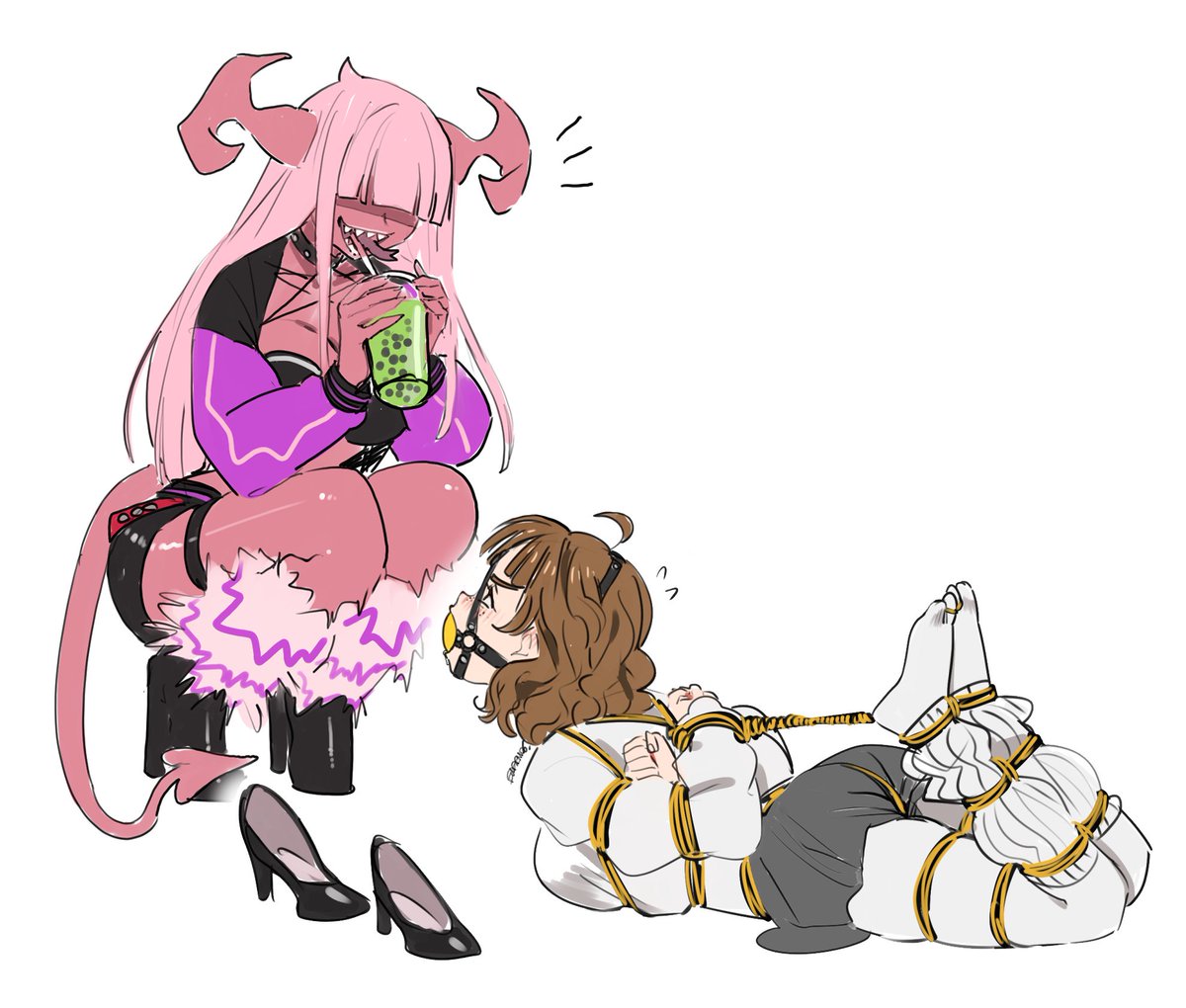 SadisticCT's tweet photo. Hogtied on the floor and taunted with her favorite beverage just out of reach, Ellie will be forced to accept the unthinkable.. biting the demons hand was NOT a good idea...

"...aaaand thats why we don't bite the hand that binds... or something. Besides you look good in yellow, so dont expect the ball to come off anytime soon kay?"
Talosa states inbetween intentional sips of her tasty booba treat.

"Hmphmm, Grrmff.."
Ellie huffs out her nostrils in response, glaring up at the towering demon, and at the delicious drink in her hands...

Whether she learns from this experiance or not remains to be seen... but my momeys on no.

Ellie belongs to @LewdEllieUwUVA

Art by https://t.co/qc2QaeIpOS