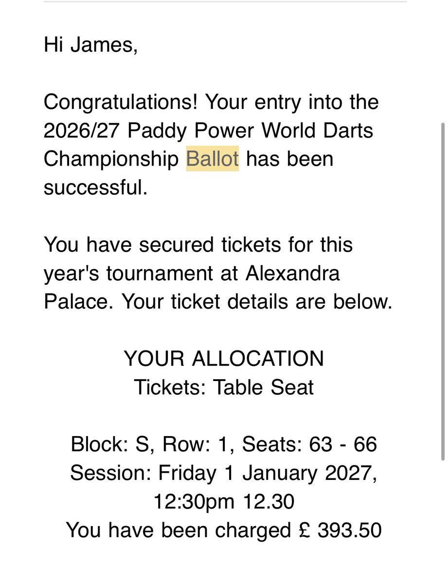 Jaydart88's tweet photo. Got 4 tickets from the darts ballot for world championship. Can anyone make sense of how close I am to stage? #pdc #darts #ballot https://t.co/w7dqOvmPM9