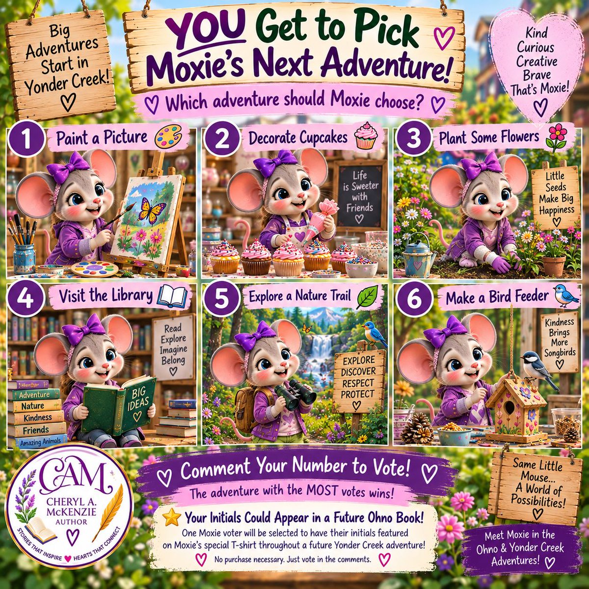 CherylAMcKenzie's tweet photo. 🌟 BE FEATURED IN AN OHNO BOOK ADVENTURE! 🌟

We're creating a very special Yonder Creek Adventure—and YOU get to help! ❤️

Vote for your favorite activity by commenting the number shown on the graphic. 
#OhnoAndFriends #YonderCreek s #CherylAMcKenzieAuthor https://t.co/cp23BKT2f6
