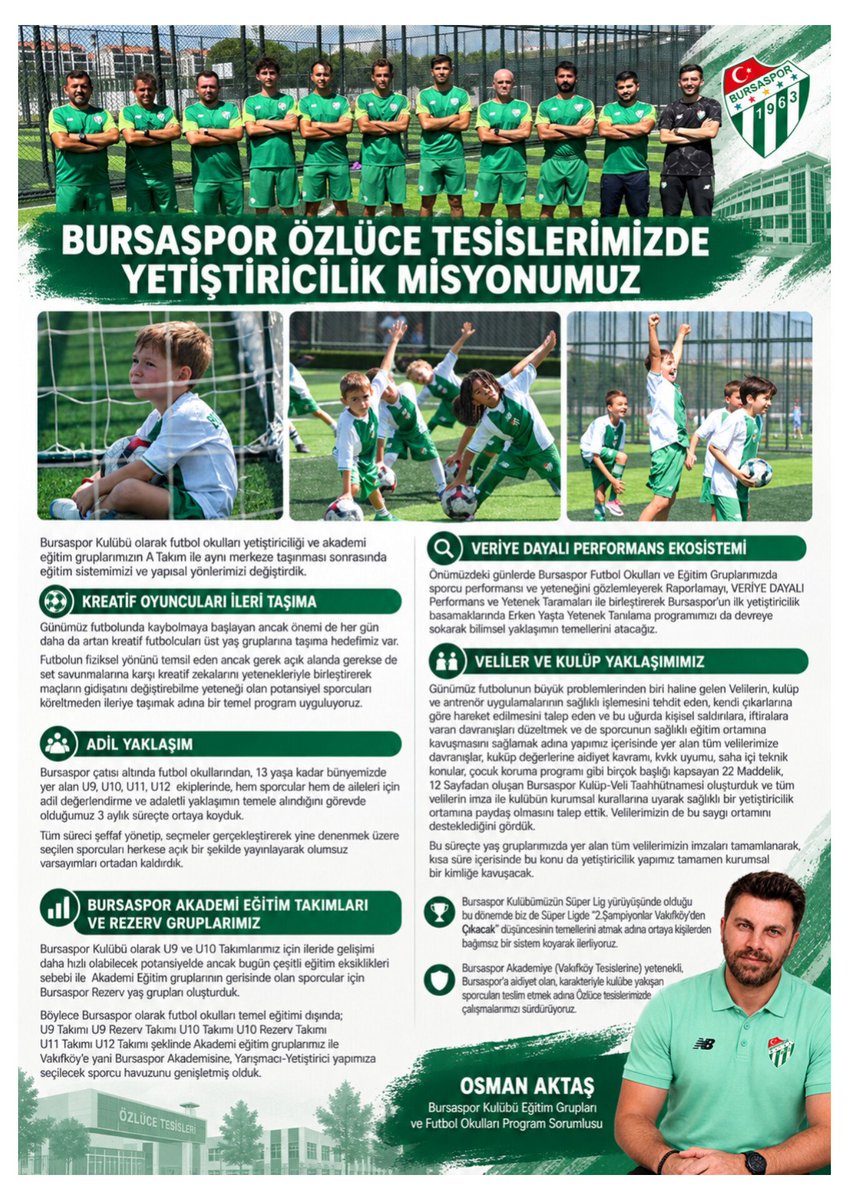 osmanaktas16's tweet photo. 3 aylık süreç içerisinde Özlüce Tesislerimizde sıfırdan bir yetiştiricilik yapısı kurduk. 

Vakıfköy'e gidecek nitelikli oyuncular ve eğitimleri üzerine bir program oluşturduk. Bu program hem gözleme dayalı hem de veri ekosistemi ile işlenerek ilerleyecek.

Yine aynı yıl içerisinde daha geç doğan oyuncuların, gelecekteki potansiyelini kaybetmemek adına,
uzun vadede profesyonel seviyeye ulaşma olasılıkları bilimsel olarak daha yüksek olduğundan bu oyuncular için de bünyemizde Rezerv takımlar oluşturduk.  U9 ve U10 Takımlarımızın bir de Rezerv Takımları var artık. Rezerv takımları oluşturarak modern yetenek seçiminde Relative Age Effect etkisini azaltıp ileriye yönelik bir adım da atmış olduk. Böylece U11 ve U12'ye dair daha geniş bir yetenek havuzunu da oluşturduk. 

Antrenör ekibimiz için de antrenör gelişim programı uygulayarak Vakıfköy'e sadece oyuncu değil antrenör de yetiştirmek istiyoruz.