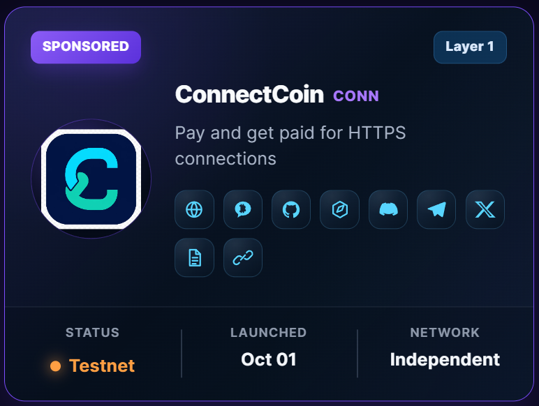 chainquiry's tweet photo. 🔎 New on Chainquiry: ConnectCoin

⛏️ RandomX PoW
🔐 TLS-based Pay-to-Connect rewards
⚡ Bitcoin-derived Layer 1 architecture
🧪 Currently operating on public testnet
🔓 Open-source

Explore the project:
https://t.co/FyNE3xd0oL

#ConnectCoin #Crypto #Blockchain @connectcoincc https://t.co/11DBWU8dhI