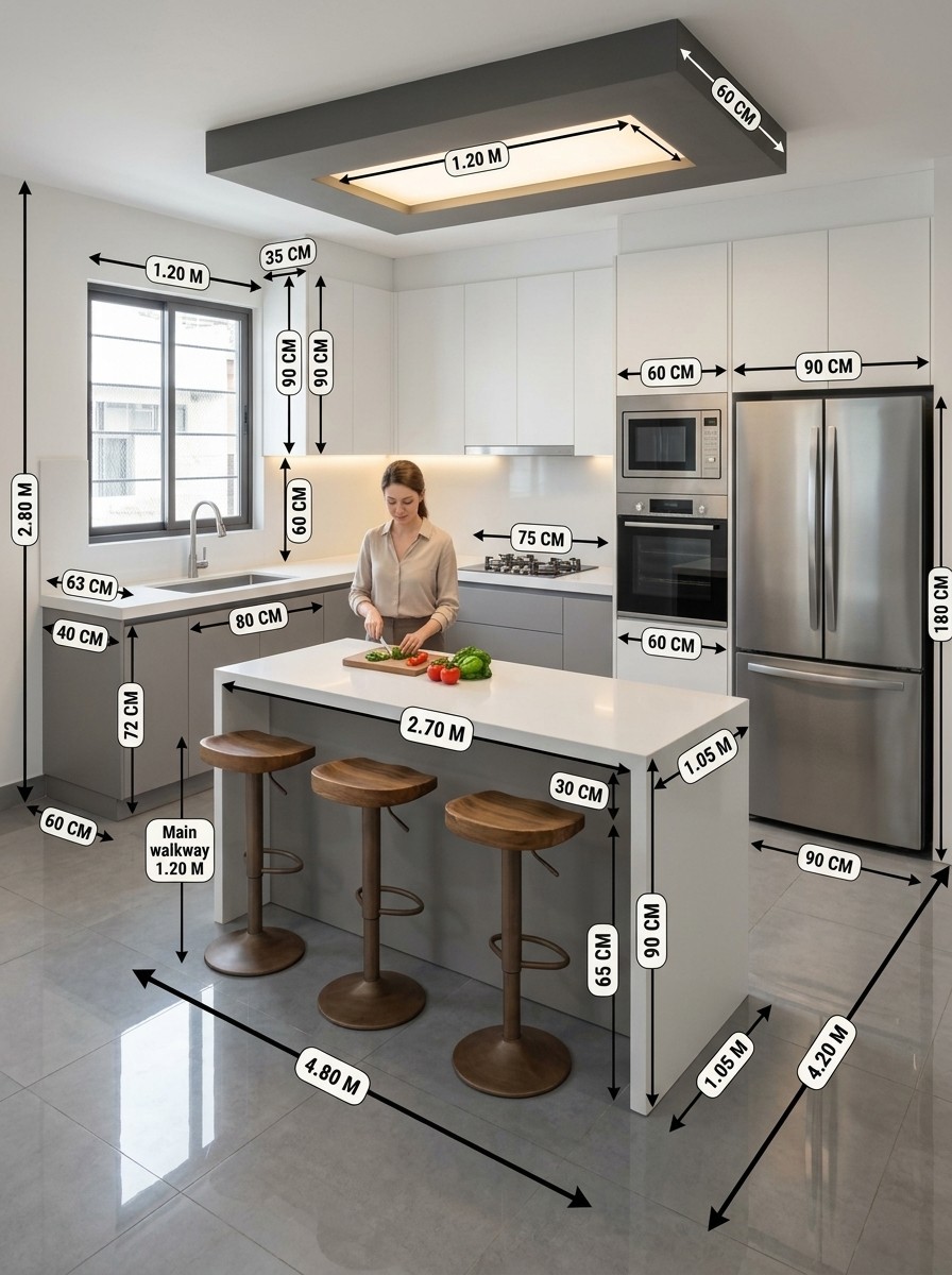 Interiorarchdes's tweet photo. This dimensioned modern kitchen is a great example of how architecture and interior design work together to make every centimetre count. The layout combines an efficient work triangle, integrated appliances, generous preparation surfaces, tall storage, and a multifunctional island, while the dimensional callouts communicate important considerations such as countertop height, cabinet depth, appliance widths, and circulation space. 
Beyond aesthetics, the design highlights the importance of ergonomics and clearances in kitchen planning. The island provides seating and additional workspace without completely compromising circulation, while the neutral finishes, concealed storage, and layered lighting create a clean contemporary feel. A beautiful kitchen starts with good measurements, but great kitchen design makes those measurements work for the people using the space.